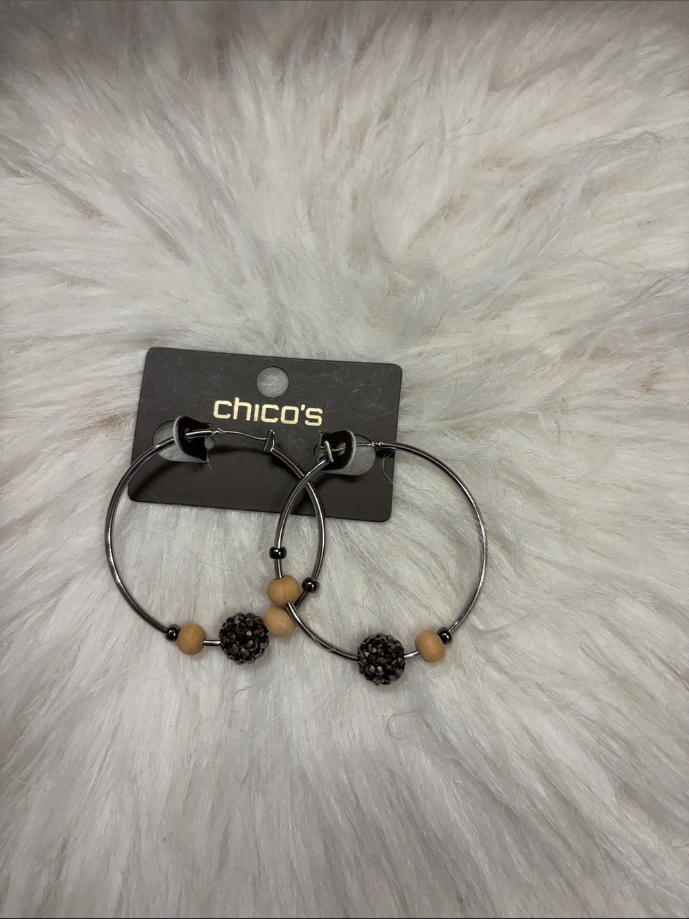 Chico's Gunmetal Hoop Earrings with Black and Tan Beads